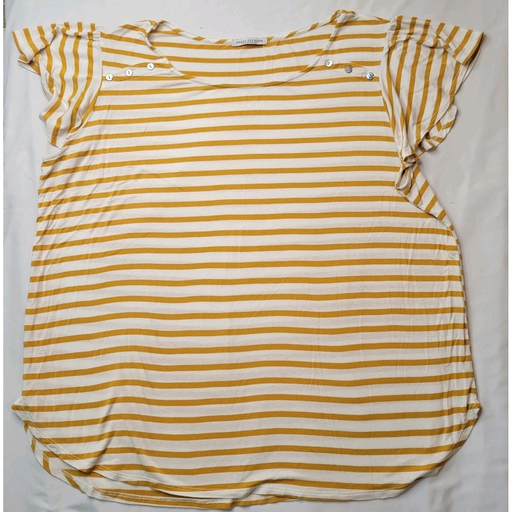 Women's Boho Top Sz XL Short Sleeve Mustard & White Striped Round Neck 80s